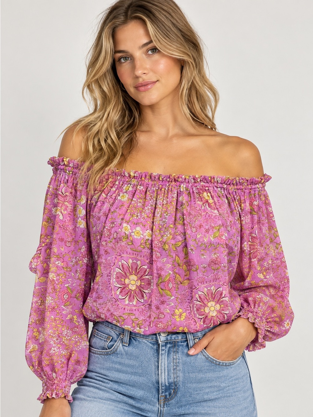 Misa Los Angeles Eva Top Flora Medallion Purple Off The Shoulder Floral Sz Small